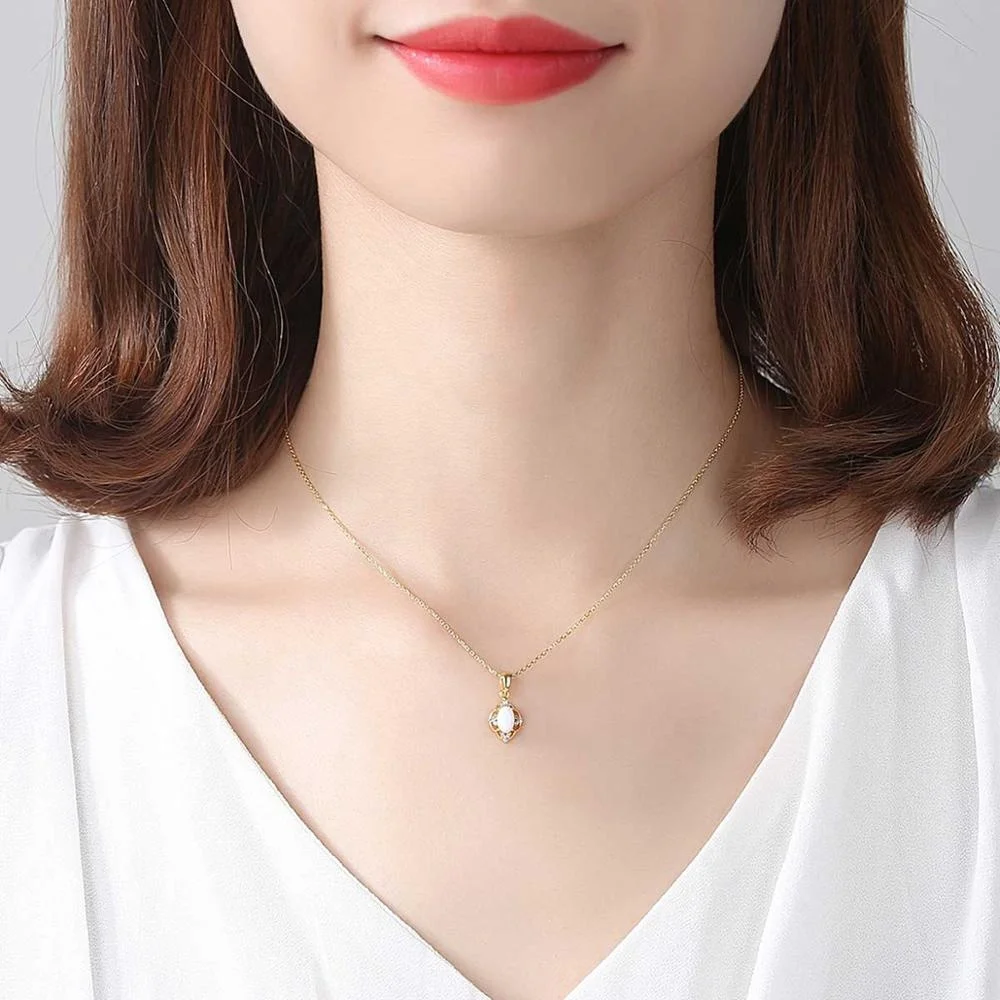 CZCITY 925 Sterling Silver Stylish Necklace Gold Plated Fashion Girls Fire Opal Pendant Necklaces Jewelry