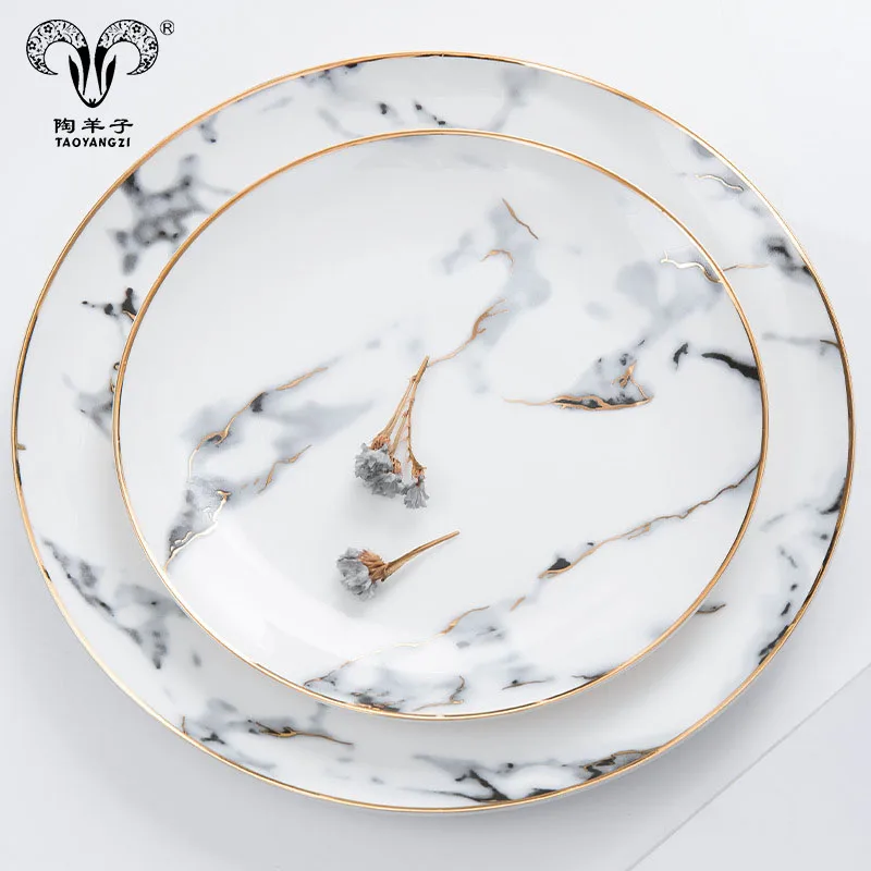 Luxury dinner dinnerware plate set gold rim marble ceramic plate