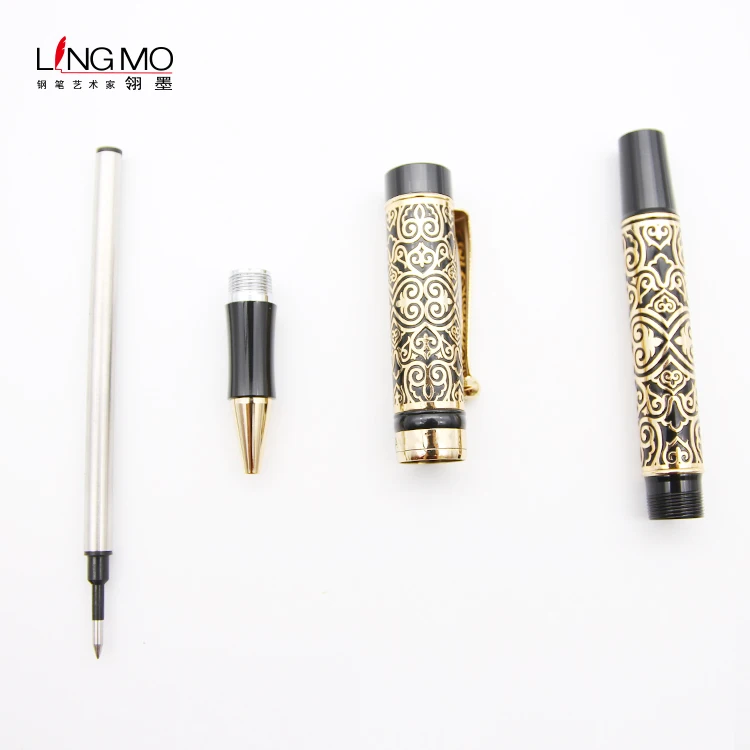 2020 Hot selling modern stationery luxury gold pattern rollerball pen metal roller pen