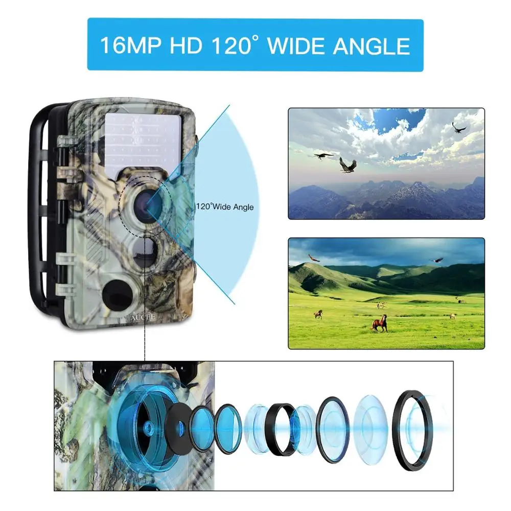 120 degree wide angle night vision hunting camera 1080p 16MP wildlife hunting trail camera with 3PIR 0.2s triggering IP66