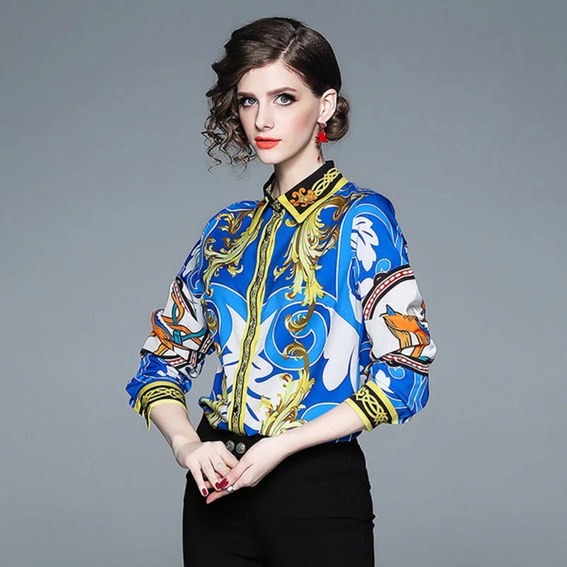 spot QP3617045#2019 spring and autumn loaded European goods positioning printing shirt female long-sleeved shirt Slim shirt