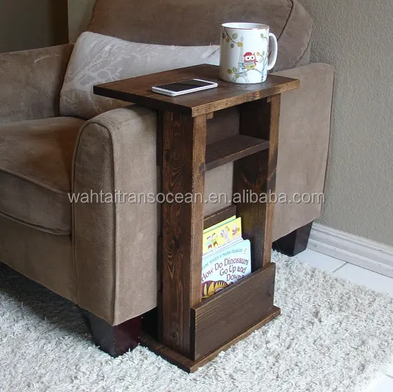 Sofa Chair Arm Rest Wooden Table with Shelf and Storage Pocket for Magazines/ Wooden Rustic Wooden Table in New Design Europe