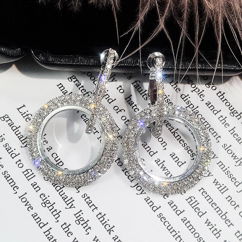 S925  Sterling Silver needle ear nail  Long circle AAA cz earrings statement   big round earrings