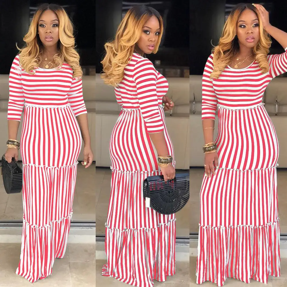 9052529 Summer women casual striped patchwork dress with sleeves