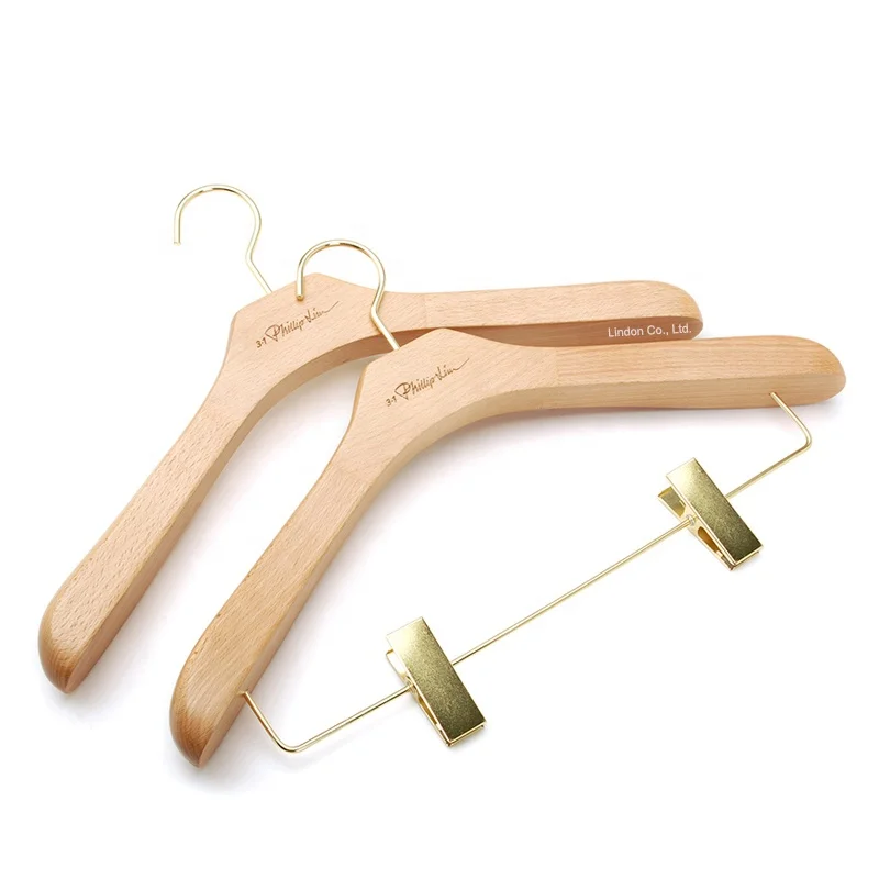 Gold Hook/Clips Laser Cut LOGO Luxury Wood Coat Cloth Hanger