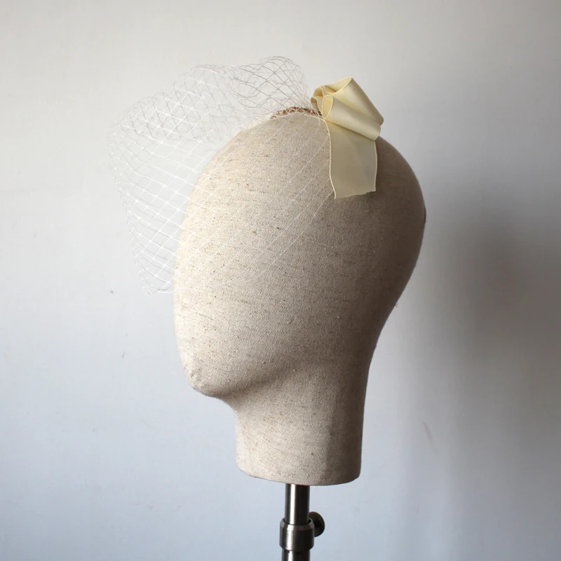 V625 Fascinators Blusher Marriage Bridal Veil Netting Cut Edge One-Layer White Wedding Short Bride Veil with Ribbon Bow Comb