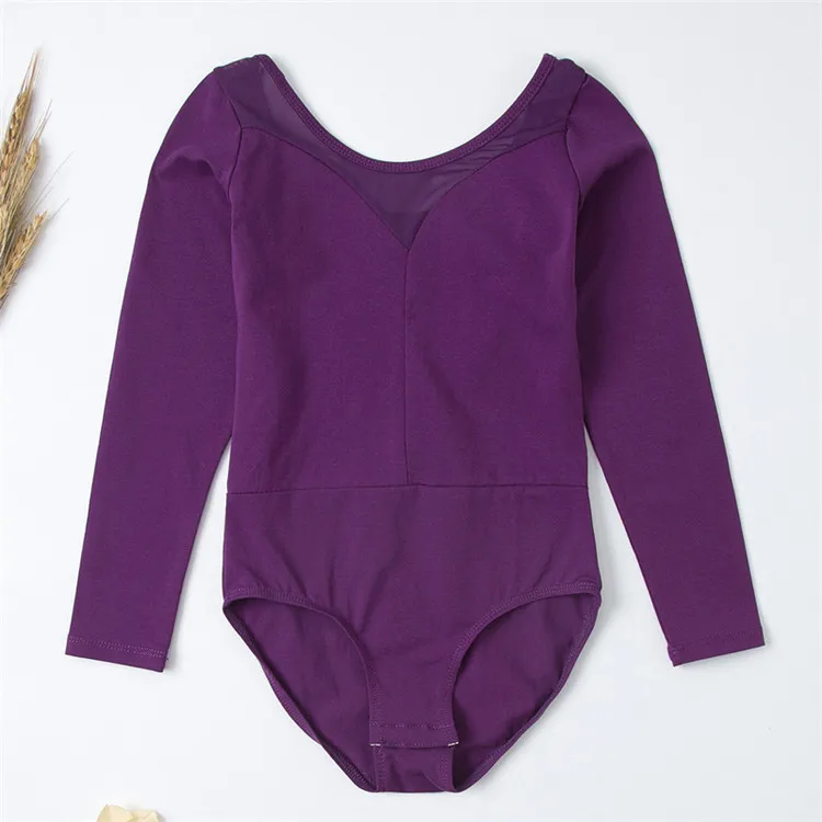Wholesale High Quality Kids Girls Lilac Long Sleeve Spandex Mesh Ballet Leotards