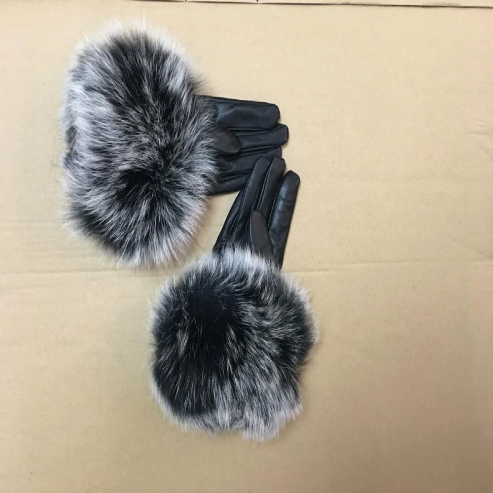 Wholesale Sheepskin  Women Fox Fur Leather Gloves
