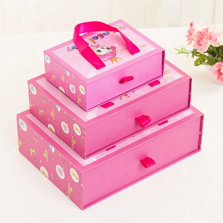 Manufacture custom pink baby gift box with ribbon handle