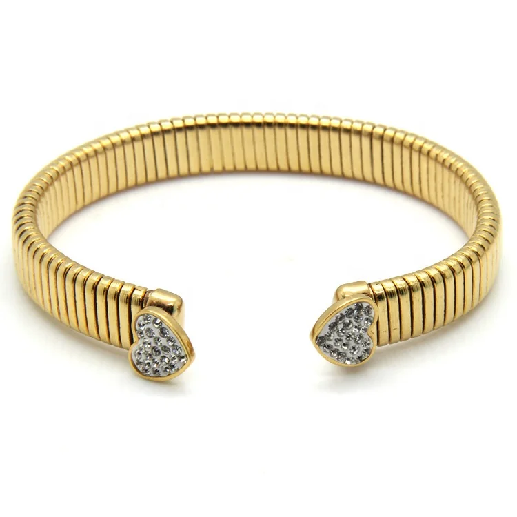 Latest Designed Gold Plated  Heart shape  with Diamond CZ Crystal Stainless Steel Cuff Bangle Bracelet for party jewelry