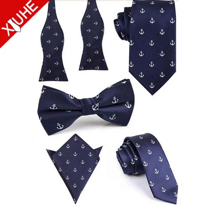 Men anchor pattern Navy Polyester Self Bow tie,Necktie,Bow Tie,Hanky