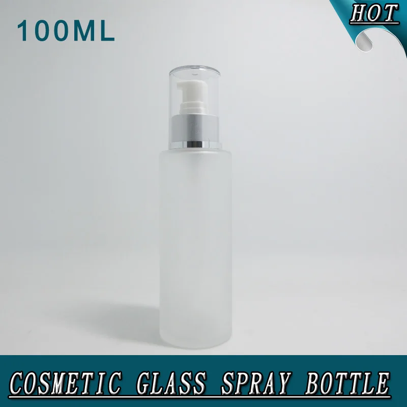 OEM 100ML cylinder cosmetic glass bottle and jars frosted glass bottle with matte silver pump