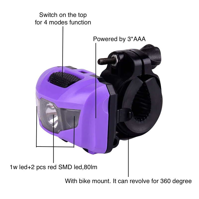 Cheap Plastic 1W And Red LED 360 Degree Rotation Head AAA Battery Operated Bike Front Light Waterproof Led Bicycle Light