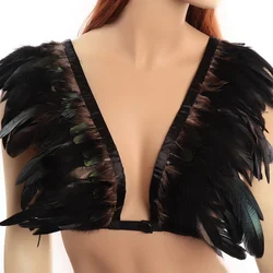 Women Feathers Harness Bra Epaulette Shoulder Wing Strappy Elastic Adjust Crop Tops Punk Festival Burning Man Rave Costumes