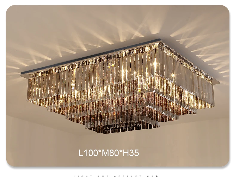 90cm rectangle stainless steel ceiling lamp with smoke crystal for dinning room