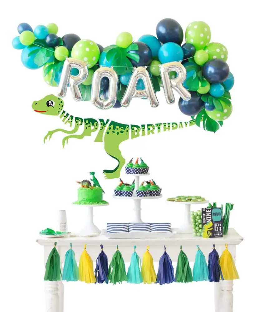 
dinosaur party supplies Balloons Garland Kit ROAR Foil Balloon Happy Birthday Banner for Boys 3 4 Birthday Party Baby Shower 