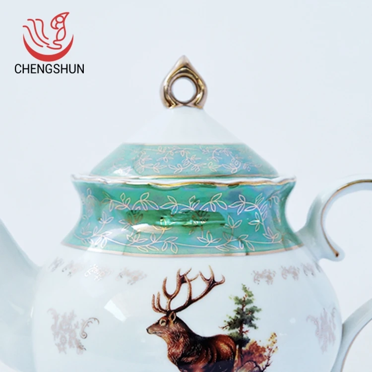 10 Inch Green Gold Leaf Elk Ceramic Teapot