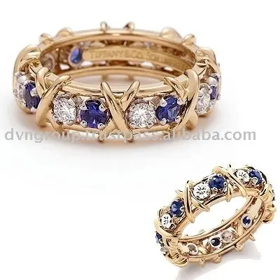 18 Karat Yellow Gold Plated Diamond and Sapphire Sixteen Stone New Fashionable Design Unique Ring