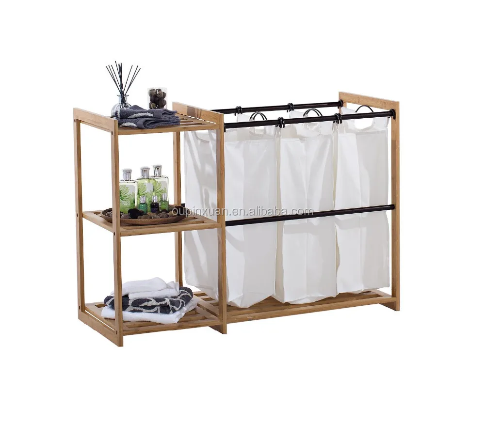 3-Bag Bamboo hot sale laundry cart laundry hamper with bathroom shelf bathroom storage rack