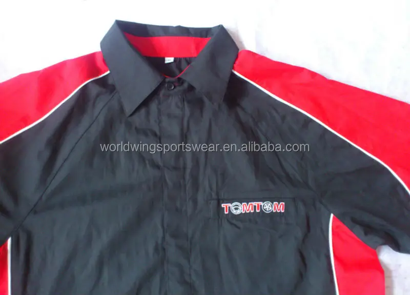 
Mens custom 65% polyester 35% cotton black and red panels embroidered mechanic work shirt 