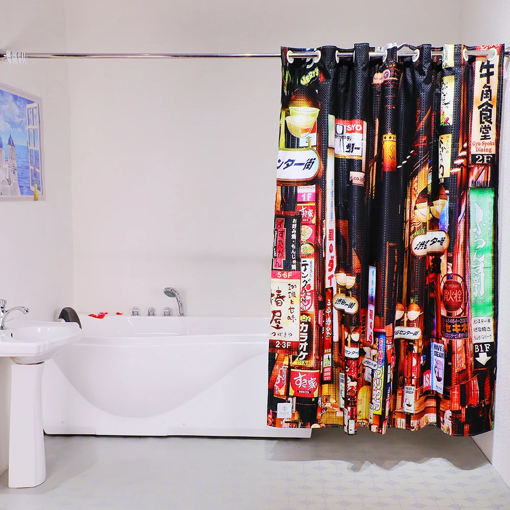 Hot Selling Japan Style Waffle Fabric Mouldproof 3D Printed Hookless Shower Curtain  With Waterproof Liner