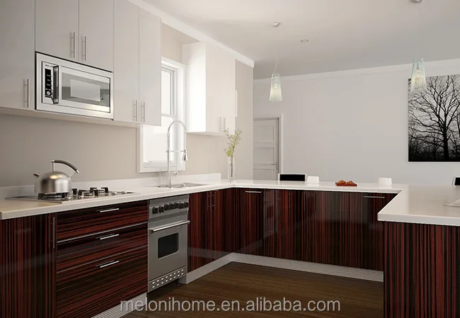 customizable U shape Island Cabinet modular Chinese kitchen furniture set rosewood color high gloss wood veneer kitchen cabinets