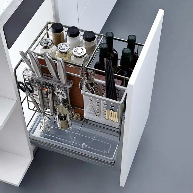 Кухонная корзина для выдвижных ящиков из нержавеющей стали с держателем для палочек для еды, выдвижная корзина для хранения для шкафа, базовый блок