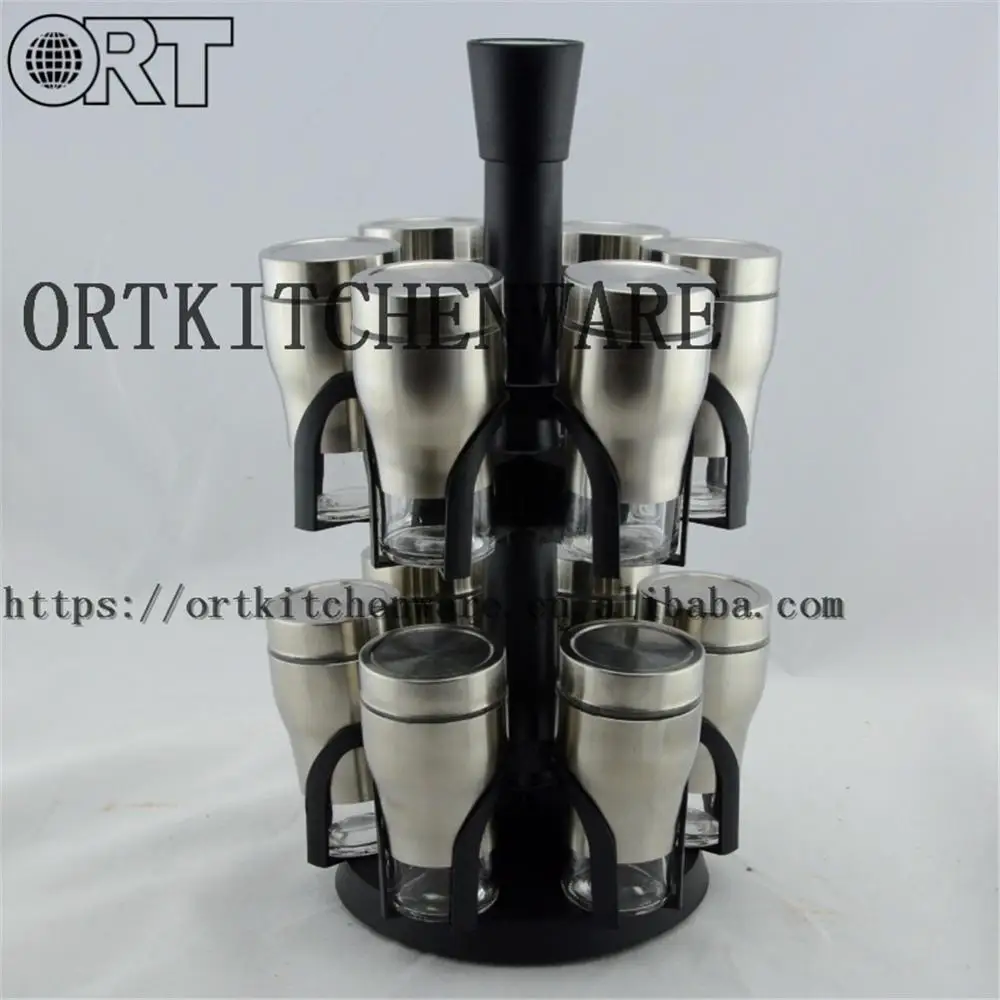 
mini glass spice jar set with metal sleeve and with rotating stand 