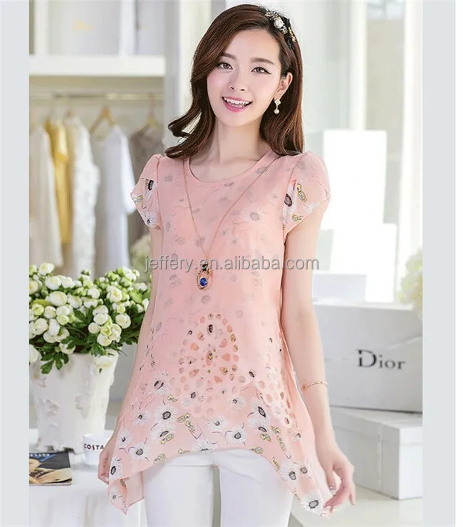 Latest short sleeve shirt floral printed chiffon long shirts blouse designs loose tops A778