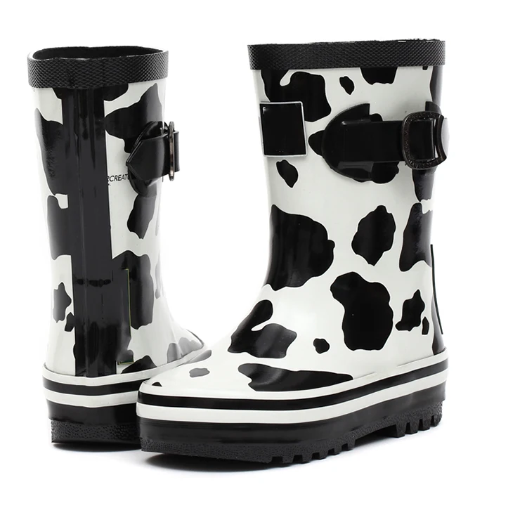 Fancy pattern online shop small moq black white cow print silicone rubber ankle child rain boots wellingtons with side buckle