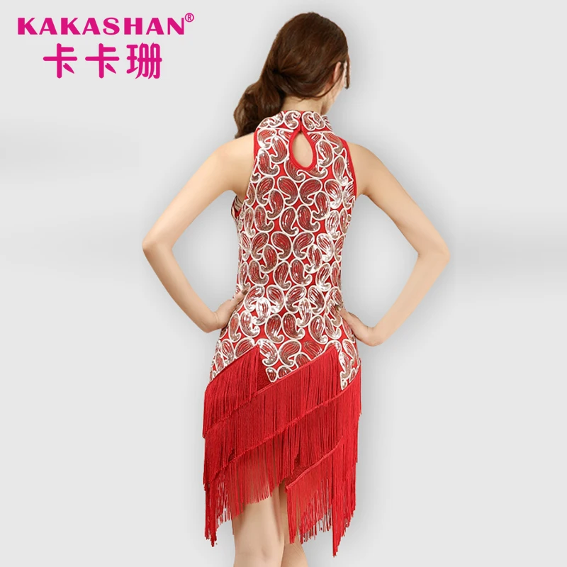 Tassel paillette black and gold beaded high neck jazz competition performance wear salsa latin dance costumes UK for women