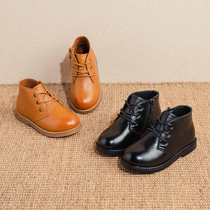 
YY10328S 2019 Genuine leather lace up and zipper children black boys girl boots shoes 