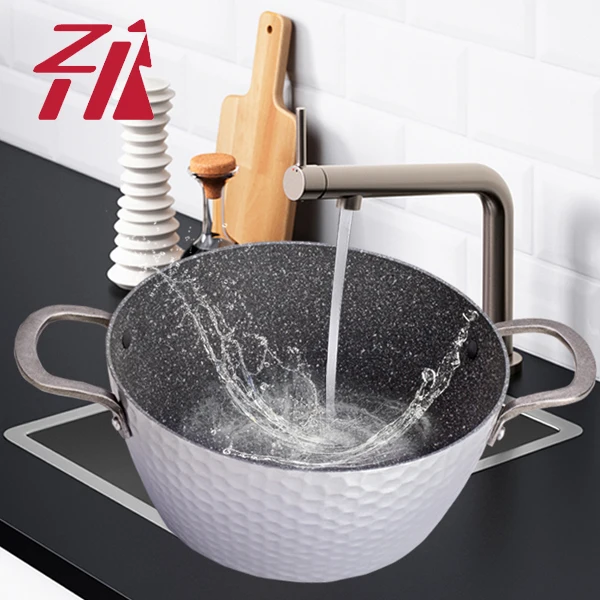 Durable forged die casting aluminum cooking soup pot hot pot coated big casserole and wok set Eco-friendly marble non stick coat