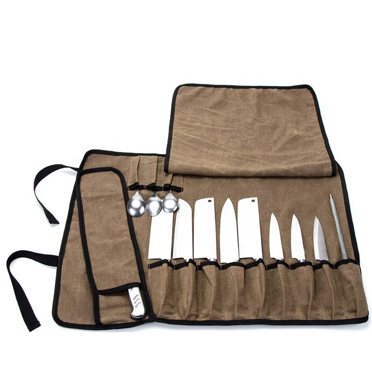 Сумка для рулона ножей из вощеной холщовой ткани, кейс для хранения кухонных приборов и ножей дома, портативный ремешок на плечо, сумка для шеф-повара