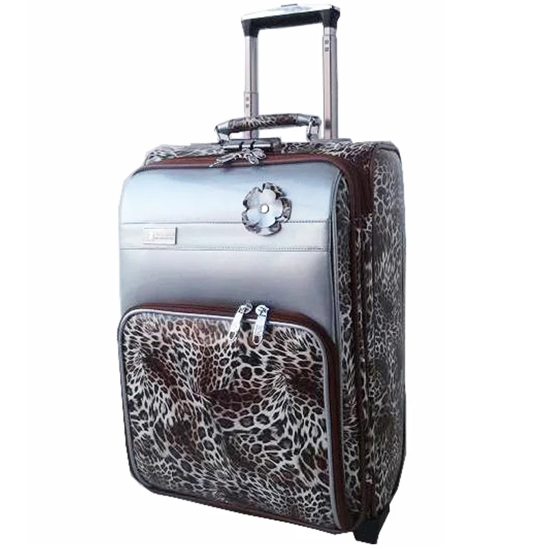 pu leather rolling spinner suitcase leopard 4 wheels 5pcs trolley case
