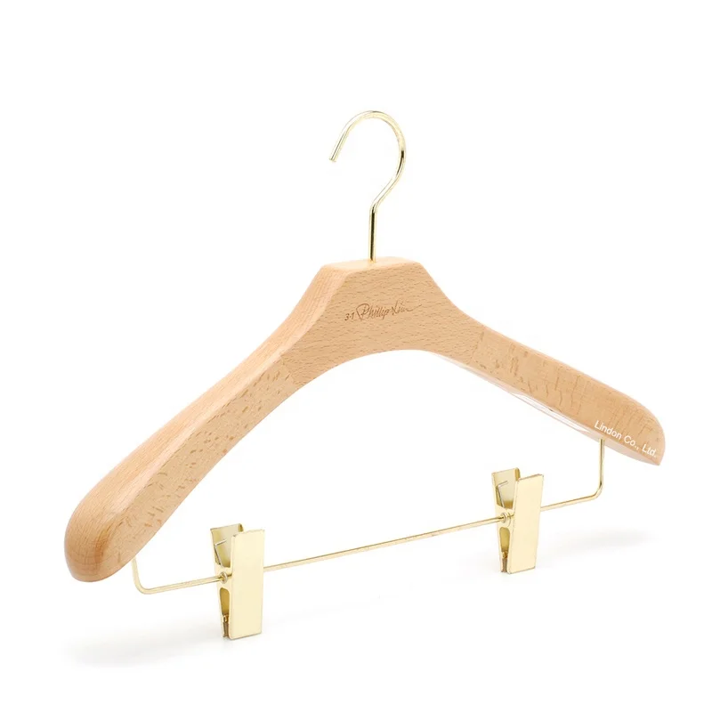Gold Hook/Clips Laser Cut LOGO Luxury Wood Coat Cloth Hanger
