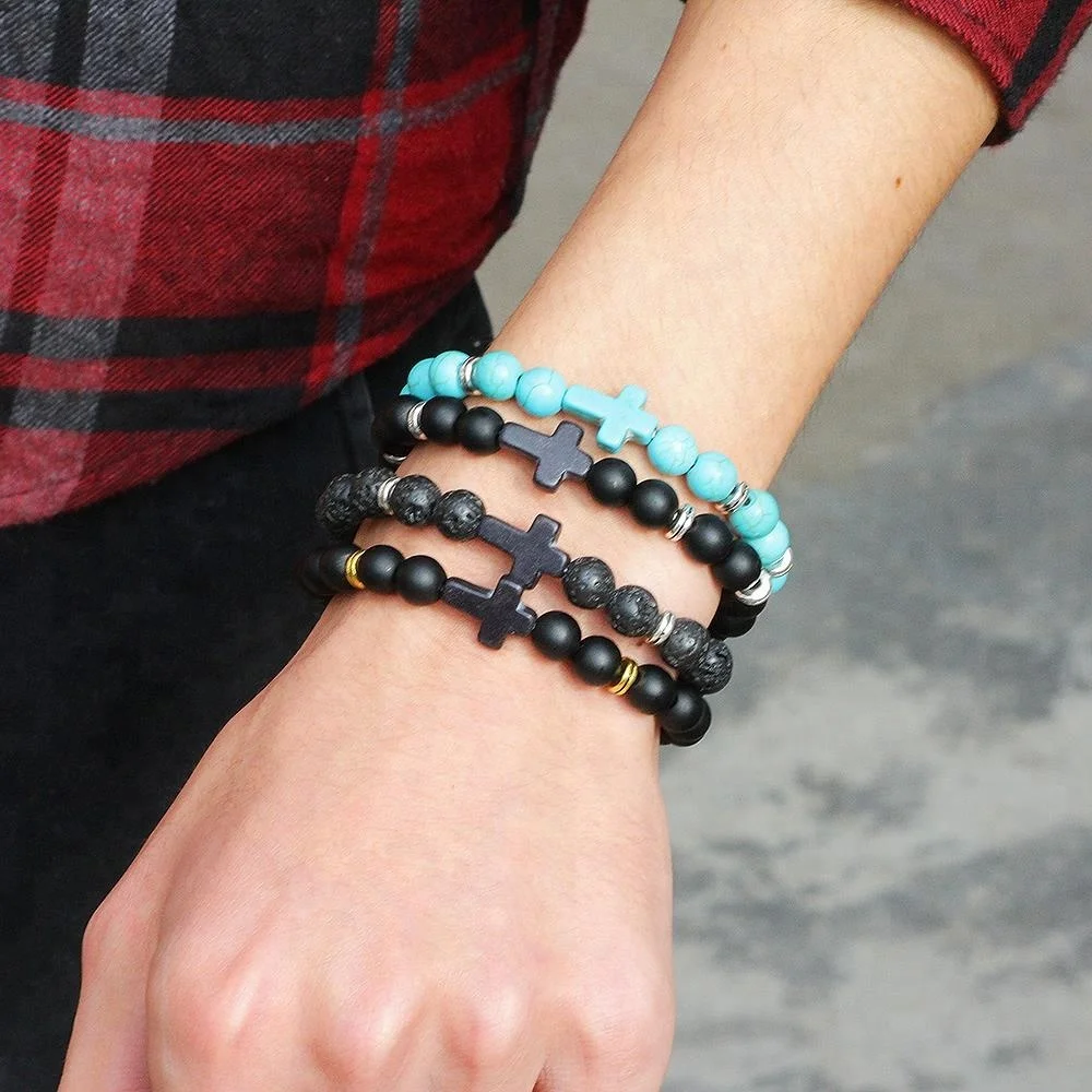 Fashion Acrylic Cross Turquoise Stones Agate Lava Stone Beaded Bracelet for women men