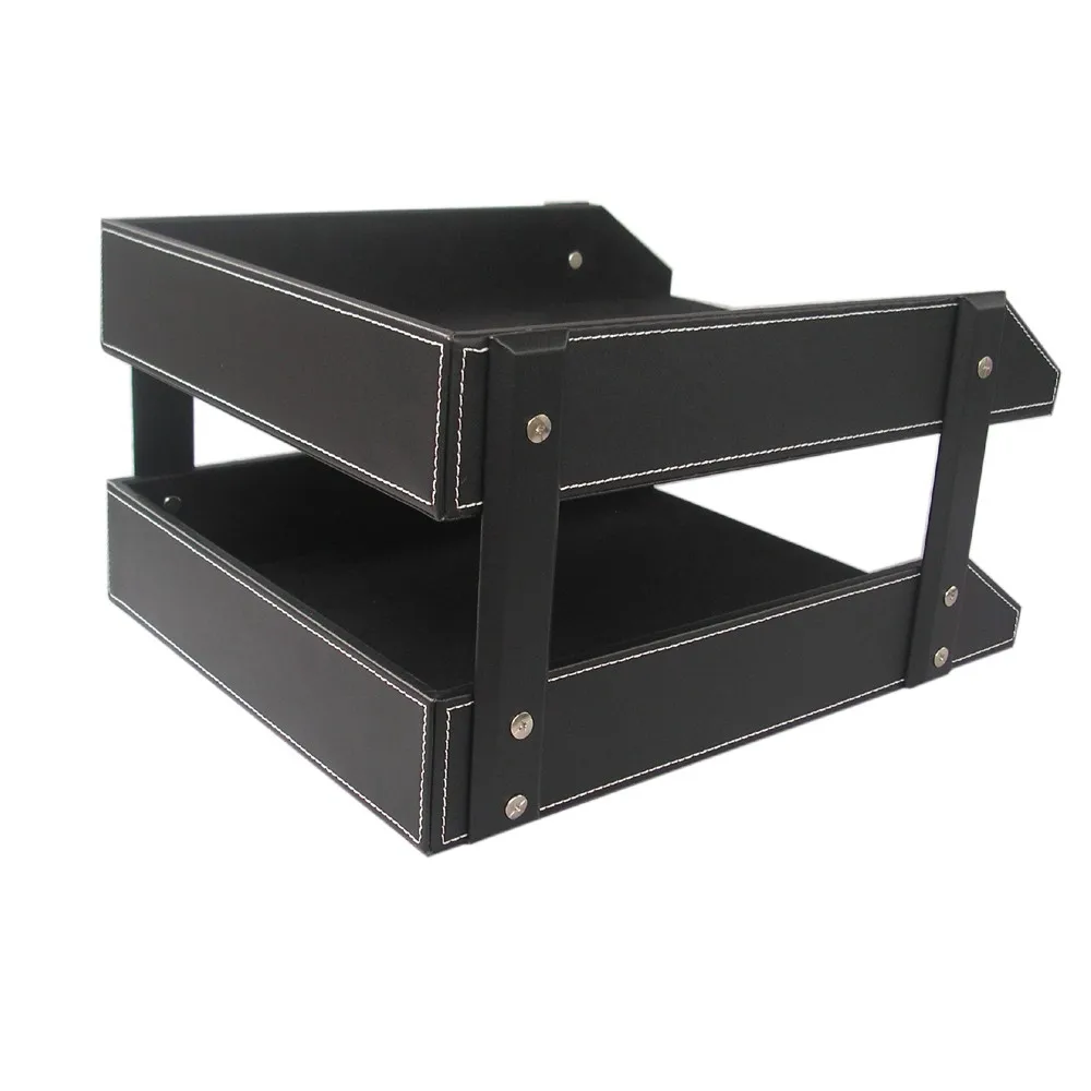 High Quality Brown A4  PU Leather Desktop File Organizer Office 2 Layer File Tray