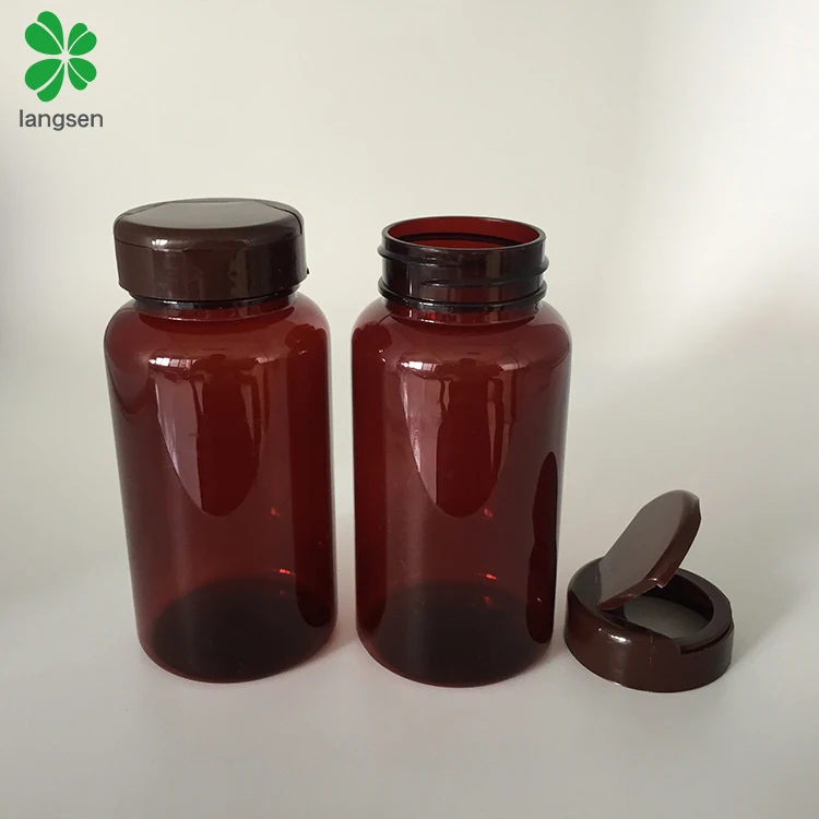 Private label PET 150ml / 150cc / 5 OZ amber brown color flip top cap capsule bottle, tablets pills medicines bottle container