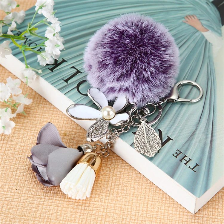 Korean Style Lovely Crystal Rhinestone Flower Bag Charm Fur Ball Keyring Fluffy pom pom Fur Ball Pendant Keychain