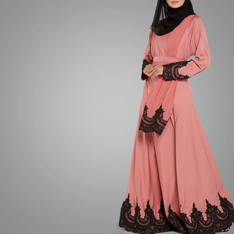 Wholesale Islamic Apparel Abaya Elegant Lace Sash Jersey Muslim Maxi Dress Islamic Clothing  Long Sleeve Moroccan Kaftan Dresses