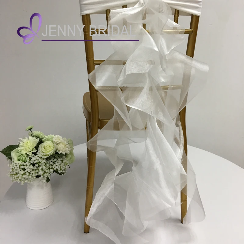 C308 cheap white organza ruffles stretch wedding chair cover sashes with buckle