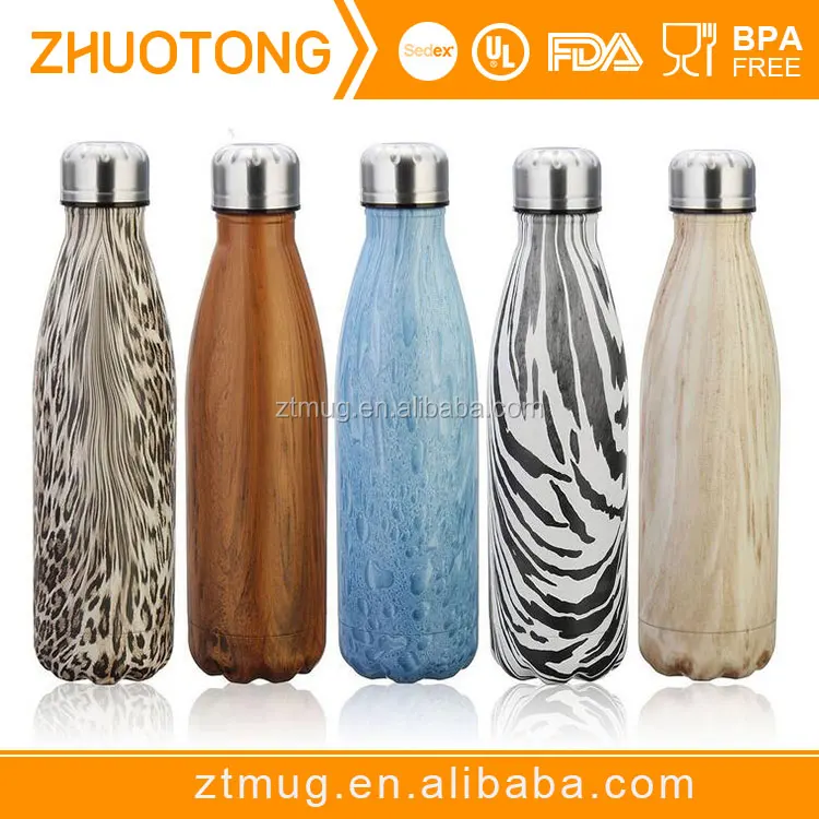 Stainless steel cola shape wooden grain pattern insulated outdoor water bottle