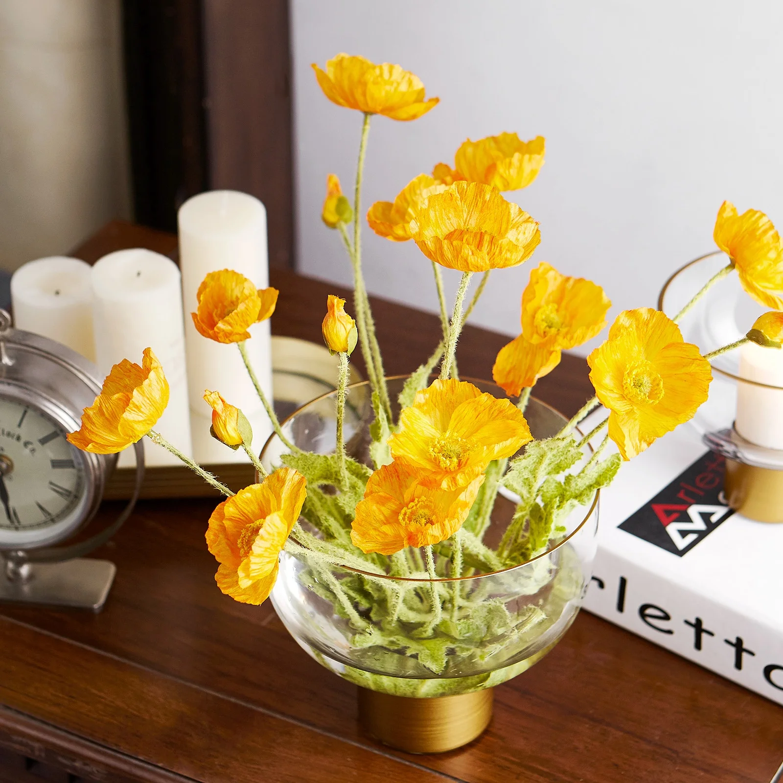 Bixuan Vases Clear Glass Flower Arrangement Vase with Brass Stand Decor Bowl Candleholder Table Centerpieces, 17x15.5CM