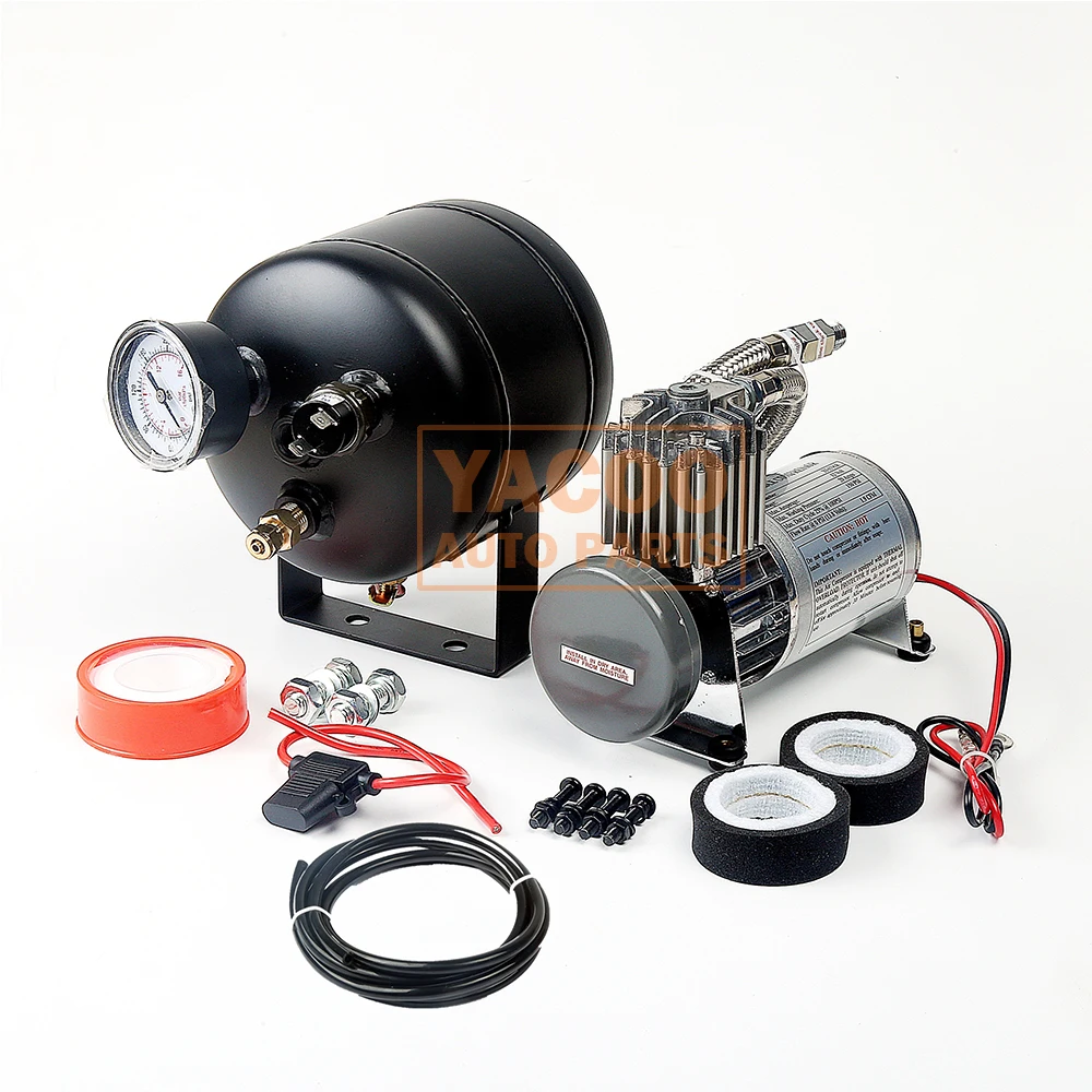 12 V24v 4 Pipe Trumpet and 0.5 gal 2L Mini Air Pressure Tank Kit Air Compressor Horn for Heavy Truck Boat Train Marine