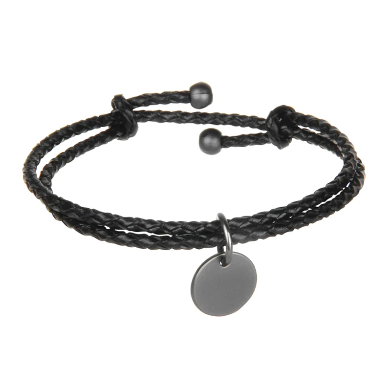 Fabulous Classic Double Strands Chinese Knot Genuine Leather Stainless Steel Disc Bracelet Blank