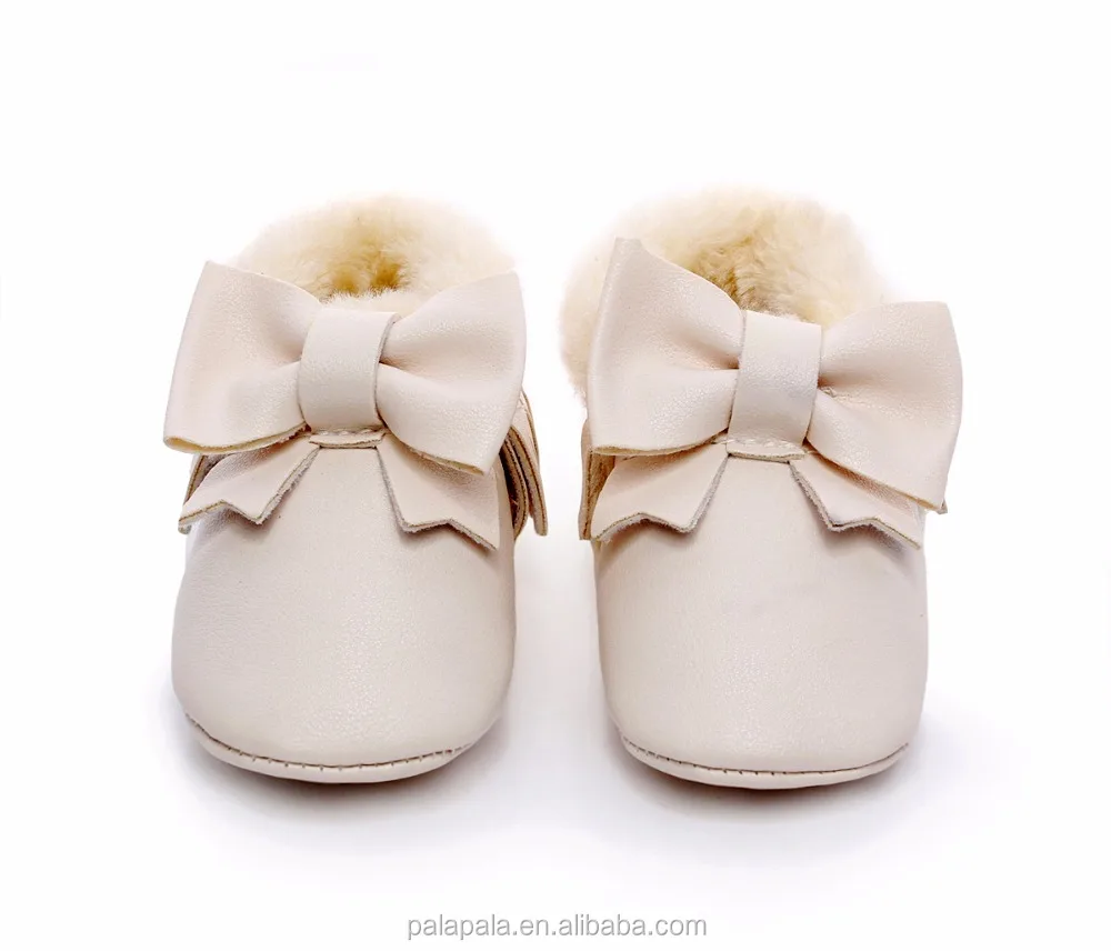 winter Tassel baby moccasin fleece bow shoes PU leather soft sole baby fringe boots