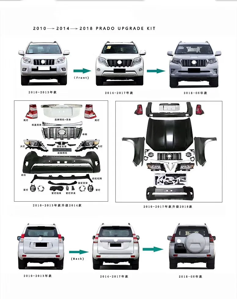 body kit 2010-2013 Prado upgrade to 2014 2018 front bumper with led lights fog lamps chrome grille for Land cruiser Prado
