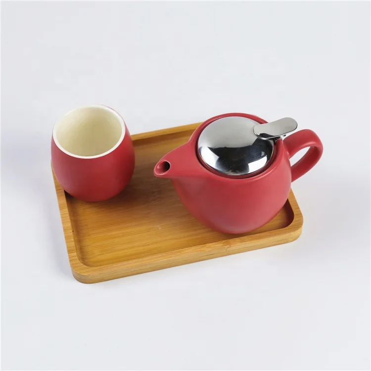 Bamboo tray custom printing yellow modern porcelain tea set with infuser for one person