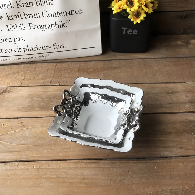 hight quality square shape electroplate silver ceramic fruit bowl from chaozhou